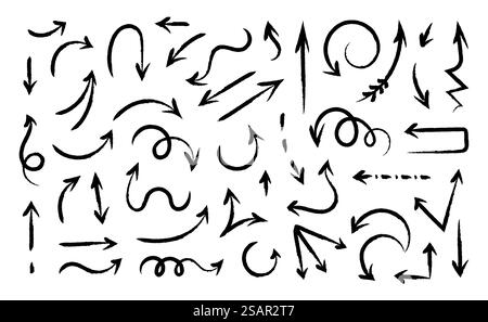 Handgezeichnete Pfeile. Pinselskizze mit Richtungskurvenzeichen. Tintenstift und Bleistift isolierte abstrakte schwarze Zeiger. Symbole für Links- und Rechtsabbiegung. Geometrische Symbole für die Navigation im Vektor-Doodle-Set. Handgezeichnete Pfeile. Pinselskizze mit Richtungszeichen. Tintenstift und Bleistift isolierte abstrakte Zeiger. Symbole für Links- und Rechtsabbiegung. Geometrische Symbole für die Navigation im Vektor-Doodle-Set Stock Vektor