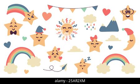 Kawaii Star. Cartoon-Comic-Himmelsfiguren mit süßen emotionalen Gesichtern. Wolken und Regenbogen. Isolierte lustige Sichel und Sonne für Kinder Illustration. Papierebene und Wartung. Vector Baby Elements Set. Kawaii Star. Cartoon-Comic-Himmelsfiguren mit süßen emotionalen Gesichtern. Wolken und Regenbogen. Lustige Blende und Sonne für Kinder Illustration. Papierebene und Wartung. Vektorelemente festgelegt Stock Vektor