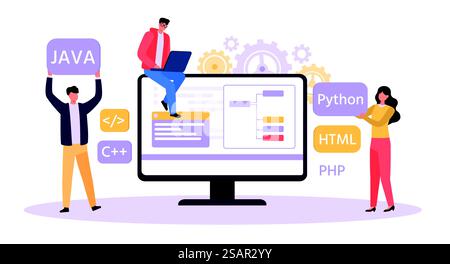 Programmierer und Designer, die Website entwickeln. Softwareentwickler schreiben Python-, Java-, HTML-Code. Mann, der am Laptop arbeitet, Kollegen helfen. Männliche und weibliche Charaktere arbeiten zusammen und erstellen Website-Vektor. Programmierer und Designer, die Website entwickeln. Softwareentwickler schreiben Python-, Java-, HTML-Code. Mann, der an einem Laptop arbeitet Stock Vektor