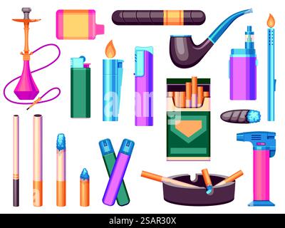 Sammlung von Tabakerzeugnissen. Karikaturzigaretten und Zigarillos Tabakblätter, Schnupfen- und Pfeifenprodukte, Zigaretten im flachen Stil. Vektor-isolierter Satz. Verschiedene elektronische Geräte zum Rauchen. Sammlung von Tabakerzeugnissen. Karikaturzigaretten und Zigarillos Tabakblätter, Schnupfen- und Pfeifenprodukte, Zigaretten im flachen Stil. Vektor-isolierter Satz Stock Vektor