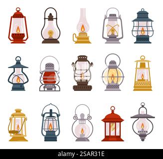 Cartoon Camp Lampe. Alte Kerosin und Öl rustikale Vintage Laterne mit brennendem Docht und Halter. Campingbeleuchtung. Beleuchtungsausrüstung für Reisende. Vektor isolierte Touristen Retro Petroleum Lichter gesetzt. Cartoon Camp Lampe. Alte Kerosin- und Öl-Laterne mit brennendem Docht und Halter. Campingbeleuchtung. Beleuchtungsausrüstung für Reisende. Vektor Touristen Retro Petroleum Lichter gesetzt Stock Vektor