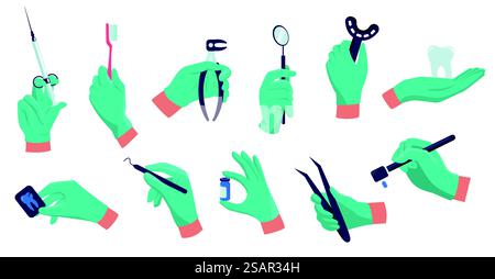 Zahnarzthände. Sterile medizinische Gummihandschuhe, die Dentaltherapeutische Werkzeuge halten Cartoon flach Stil, Gesundheitswesen Mundpflege Behandlungskonzept. Vektorsatz der Ausrüstung in der Doktor Hand Illustration. Zahnarzthände. Sterile medizinische Gummihandschuhe, die Dentaltherapeutische Werkzeuge halten Cartoon flach Stil, Gesundheitswesen Mundpflege Behandlungskonzept. Vektorsatz Stock Vektor