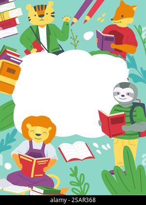 Tiere und Bücher. Zeichentrickschüler studieren. Lustiges Banner mit Kopierraum. Glücklicher Faultier oder Löwe, der Lehrbücher liest. Kindererziehung. Niedliche Rahmenschablone. Vektortiger und Fuchs gehen zurück in die Schule. Tiere und Bücher. Zeichentrickschüler studieren. Banner mit Kopierbereich. Faultier oder Löwe liest Lehrbücher. Kindererziehung. Niedliche Rahmenschablone. Vektortiger und Fuchs gehen zurück in die Schule Stock Vektor