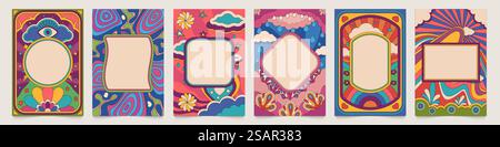 Retro-psychedelische Rahmen. Abstraktes farbenfrohes Flyer-Layout mit flüssigen Formen und Platz für Text, Hintergrundtapete. Vektorsatz der psychedelischen Plakatrahmen-Illustration. Retro-psychedelische Rahmen. Abstraktes farbenfrohes Flyer-Layout mit flüssigen Formen und Platz für Text, Hintergrundtapete. Vektorsatz Stock Vektor
