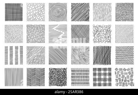 Handgezeichnete Schraffur. Schraffierte Squaresdrawing-Technik, geometrische Formen, Schraffurstriche, einfache Entwurfselemente. Vektorisolierter Satz von Schraffursatz abstrakte Illustration. Handgezeichnete Schraffur. Schraffierte Squaresdrawing-Technik, geometrische Formen, Schraffurstriche, einfache Entwurfselemente. Vektor-isolierter Satz Stock Vektor