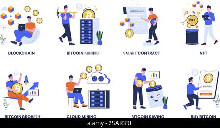 Blockchain Kryptowährungsvektorsatz. Nicht fungibles Token, Bitcoin-Mining, intelligente Vertragsabbildung Stock Vektor