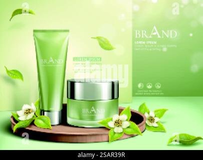 Grüner Tee hinterlässt kosmetische Anzeigen mit schimmerndem Effekt in 3D-Illustration. Grüner Tee hinterlässt kosmetische Werbung Stock Vektor