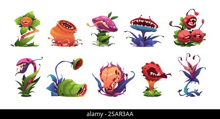 Monsterpflanzen. Cartoon gruselige fleischfressende Pflanzen, böse außerirdische grüne Pflanzen mit Zähnen und Zähnen, lustige Tier Maskottchen Flora Ikonen. Vektorsatz der Monster Pflanze gruselige Illustration. Monsterpflanzen. Cartoon gruselige fleischfressende Pflanzen, böse außerirdische grüne Pflanzen mit Zähnen und Zähnen, lustige Tier Maskottchen Flora Ikonen. Vektorsatz Stock Vektor
