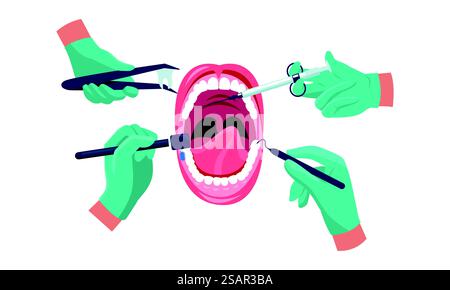 Zahnärztliche Behandlung. Zahnarzthände in medizinischen Gummihandschuhen mit Instrumenten am Patientenmund, Mundpflegekonzept. Vektor-Cartoon-Illustration des Pflegezahnarztes, Behandlung der Zahnheilkunde. Zahnärztliche Behandlung. Zahnarzthände in medizinischen Gummihandschuhen mit Instrumenten am Patientenmund, Mundpflegekonzept. Vektor-Zeichentrick-Illustration Stock Vektor