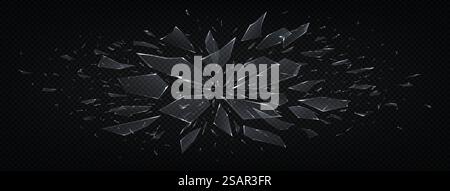Glasbruch. Realistische abstrakte, zersplitterte transparente Fragmente aus zerstoßenem Glas, 3D-Explosionseffekt mit realistischen, glänzenden Stücken isoliert auf Schwarz. Abstrakter horizontaler Vektor-Hintergrund. Glasbruch. Realistische abstrakte, zersplitterte transparente Fragmente aus zerstoßenem Glas, 3D-Explosionseffekt mit realistischen, glänzenden Stücken isoliert auf Schwarz. Horizontaler Vektor-Hintergrund Stock Vektor