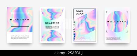 Perlmuttplakate. Abstrakter holografischer Regenbogenverlauf aus Metall, geometrische Formen des violetten und rosa Hologramms. Vektor-irisierender Effekt 90s Mesh horizontaler minimalistischer Hintergrund mit Kopierraum. Perlmuttplakate. Abstrakter holografischer Regenbogenverlauf aus Metall, geometrische Formen des violetten und rosa Hologramms. Vector 90s Mesh horizontaler minimalistischer Hintergrund mit Kopierraum Stock Vektor