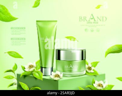 Grüne Tee-Kosmetikwerbung mit Blättern, die in der Luft fliegen, 3D-Illustration. Grüner Tee hinterlässt kosmetische Werbung Stock Vektor