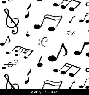 Notenmuster. Nahtlose Textur handgezeichneter Musiksymbole. Isolierte schwarze Tonzeichen auf weißem Hintergrund. Kalligraphische Tintenschrift. Dekorative Vektor-Vorlage für Textilien und Tapeten. Notenmuster. Nahtlose Textur handgezeichneter Musiksymbole. Schwarze Tonzeichen auf weißem Hintergrund. Kalligraphische Schrift. Dekorative Vektor-Vorlage für Textilien und Tapeten Stock Vektor