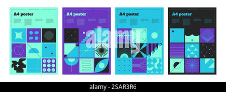 Bauhaus-Banner. Abstrakte Minimal-A4-Poster. Geometrische einfache Formen und Linien in quadratischen Rahmen. Blaues oder violettes Kreativplakate-Set. Skandinavische Kunstcollage. Vektor-helle Flyer mit Kopierraum. Bauhaus-Banner. Abstrakte Minimal-A4-Poster. Geometrische Formen und Linien in quadratischen Rahmen. Blaues oder lila Plakate Set. Skandinavische Kunstcollage. Vektor-helle Flyer mit Kopierraum Stock Vektor