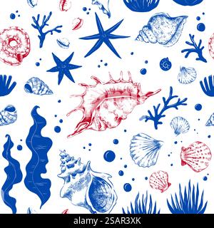Muschelmuster. Nahtlose Textur mit Meeresmuscheln. Blaue Seesterne, isolierte Korallen und Algen. Rote Muscheln oder Muscheln. Unterwassertiere Hintergrund. Vektor-Textil-Druckvorlage. Muschelmuster. Nahtlose Textur mit Meeresmuscheln. Blauer Seestern und isolierte Algen. Rote Muscheln oder Muscheln. Unterwassertiere Hintergrund. Vektor-Textil-Vorlage Stock Vektor