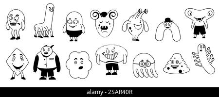Kritzele Monster. Niedliche Alien-Gestalten, lustige Biestfiguren mit Gesichtern und Zähnen. Bunte Alien-Charaktere-Sammlung des Vektors. Verschiedene kindliche Kreaturen umreißen isolierte Sets. Kritzele Monster. Niedliche Alien-Gestalten, lustige Biestfiguren mit Gesichtern und Zähnen. Bunte Alien-Charaktere-Sammlung des Vektors Stock Vektor