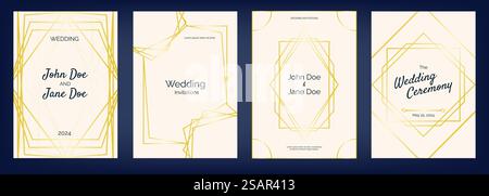 Hochzeitseinladung mit goldenen Linien. Luxuriöse elegante Hochzeitskarte mit geometrischem Muster. Modernes minimalistisches Design-Vektorkonzept. Luxuriöse Vorlagen mit eleganten, leuchtenden Rändern. Hochzeitseinladung mit goldenen Linien. Luxuriöse elegante Hochzeitskarte mit geometrischem Muster. Modernes minimalistisches Design-Vektorkonzept Stock Vektor