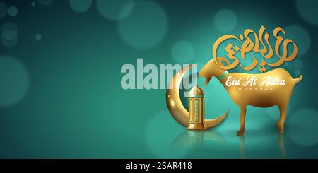 Arabischer Kalligraphietext von Eid Mubarak zur Feier des muslimischen Gemeindefestes Eid Al Adha. Grußkarte mit Opferschafen und Sichel auf bewölktem Nachthintergrund. Vektorabbildung. Stock Vektor