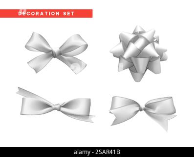 Set festlicher weißer Schleifen aus Band. Urlaub verschiedene Arten von Bögen realistisches 3D-Design. Sammlung von isolierten dekorativen Elementen. Vektorabbildung Stock Vektor