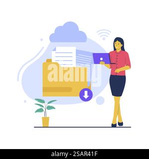 Konzeptdarstellung der Technologie zum Herunterladen von Dokumenten. Illustration des flachen Vektors auf weißem Hintergrund isoliert Stock Vektor