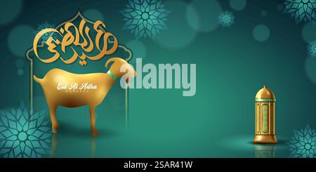 Eid Al Adha Hintergrund. Islamische arabische Laternen und Schafe. Übersetzung Eid Al Adha. Grußkarte. Vektorabbildung. Stock Vektor