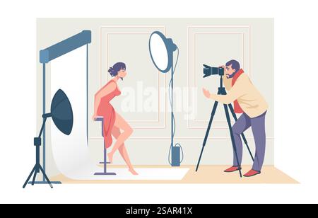 Cartoon-Fotografen, die Model fotografieren. Mann, der Fotos mit professioneller Kamera und Lichtausrüstung macht. Frau posiert im Fotostudio, macht Fotografie, Mode und Schönheit Beruf Vektor Konzept. Cartoon-Fotografen, die Model fotografieren. Mann, der Fotos mit professioneller Kamera und Lichtausrüstung macht. Frau posiert im Fotostudio, macht Fotografie, Mode und Schönheitsvektorkonzepte Stock Vektor