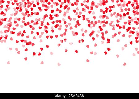 Konfettiherzen fallen. Hintergrundmockup für romantische Hochzeit oder Valentinstag-Feier. Rotes und rosafarbenes Papier, das zufällig herunterfliegt. Vektor festlicher Rahmen oder dekorative Grußkarte Vorlage. Konfettiherzen fallen. Romantische Hochzeit oder Valentinstag-Feier im Hintergrund. Rote und pinkfarbene Papiere fliegen zufällig herunter. Vektor festlicher Rahmen oder dekorative Grußkarte Vorlage Stock Vektor