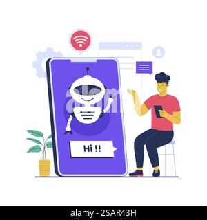 Konzeptdarstellung der Chatbot-Technologie. Illustration des flachen Vektors auf weißem Hintergrund isoliert Stock Vektor