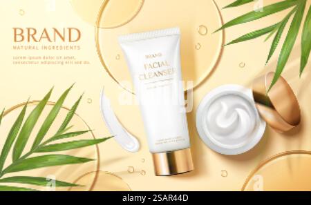 3D-Werbung für kosmetische Produkte. Illustration von feuchtigkeitsspendendem Gesichtscremebecher und -Tube auf transparenten Kreisscheiben auf gelbem Hintergrund. Kosmetikwerbung für 3D-Gesichtscreme Stock Vektor