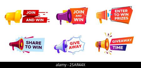Werbebanner mit Megaphon. Gewinnpreis im Wettbewerb, Lautsprecher, die den Wettbewerb ankündigen, zufälliger Gewinner. Marketing, Geschenkempfang in sozialen Medien. Post wird in isoliertem Internet-Vektor-Set freigegeben. Werbebanner mit Megaphon. Gewinnpreis im Wettbewerb, Lautsprecher, die den Wettbewerb ankündigen, zufälliger Gewinner Stock Vektor