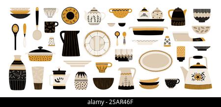 Geschirr. Keramikgeschirr in der Küche. Cartoon Porzellan Teller und Tassen. Dekoratives Geschirr. Teekannen und Krüge. Schüsseln oder Löffel. Vorlagen für Haushaltsutensilien. Vektor isoliert Haus Keramik Set. Geschirr. Keramikgeschirr in der Küche. Cartoon Porzellan Teller und Tassen. Dekoratives Geschirr. Teekannen und Krüge. Schüsseln oder Löffel. Haushaltsutensilien. Vektor isolierte Töpferwaren Set Stock Vektor