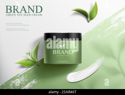 Werbung mit grünem Teesamen und Creme von oben Stock Vektor