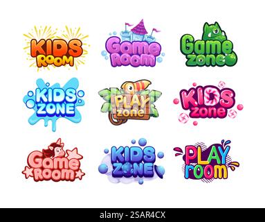 Spielzimmer-Logo. Kids Zone Cartoon Banner. Spielbereich für Babys. Lustige Aktivitäts-Aufkleber für Spielplätze. Bunte, isolierte Abzeichen mit Einhorn oder Monster und hellen Schriftzügen. Vektorschilder für Spielzimmer. Spielzimmer-Logo. Banner für die Kinderzone. Spielbereich für Babys. Lustige Aktivitäts-Aufkleber für Spielplätze. Bunte Abzeichen mit Einhorn oder Monster und leuchtenden Buchstaben. Vektorschilder für Spielzimmer Stock Vektor