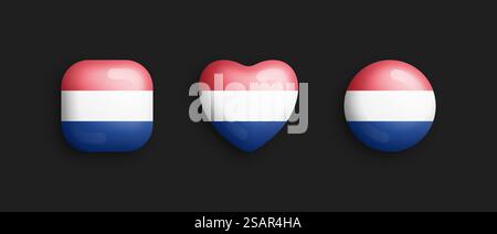 Niederlande Offizielle Nationalflagge 3D Vektor Glossy Icons in abgerundeter Quadrat-, Herz- und Kreisform Isolieren auf Hintergrund. Holländische Zeichen Und Symbole Graphical Design Elements Volumetrische Buttons Collection. Niederlande Offizielle Nationalflagge 3D Vektor Glossy Icons isoliert auf Hintergrund Stock Vektor