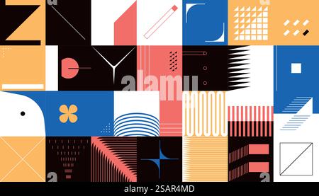 Geometrische Abdeckung. Moderne, minimalistische Formkomposition. Collage von quadratischen Rahmen mit verschiedenen einfachen Figuren und Linien. Designelemente der Moderne. Vektor abstrakter Brutalismus bunter Hintergrund. Geometrische Abdeckung. Moderne, minimalistische Formkomposition. Collage aus quadratischen Rahmen mit einfachen Figuren und Linien. Designelemente der Moderne. Hintergrund des abstrakten Brutalismus des Vektors Stock Vektor
