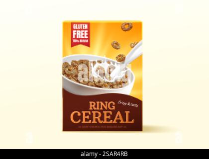 Realistisches 3D-Kartondesign für Ring-Müsli oder Cheerios. Produktmodell isoliert auf hellgelbem Hintergrund. 3D-Müslikarton-Mockup Stock Vektor