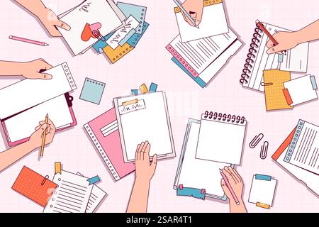 Teamarbeitstabellenansicht. Arbeitsgruppe mit Kollegen am Schreibtisch, Gruppenstudie und Lernkonzept. Vektorabbildung. Leute schreiben in Notizbuch oder Tagebuch, machen Notizen mit Händen. Teamarbeitstabellenansicht. Arbeitsgruppe mit Kollegen am Schreibtisch, Gruppenstudie und Lernkonzept. Vektorabbildung Stock Vektor