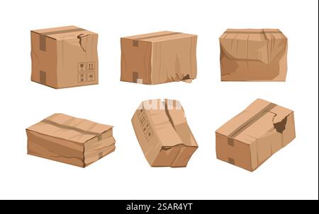 Beschädigte Box. Cartoon beschädigtes Paket. Zerrissene und nasse Versandkartonverpackung. Isolierte Fracht- und Poststücke, die zerknittert sind. Zerknitterte Behälter. Vektor schlechte Lieferqualität oder Lagerhaltung. Beschädigte Box. Cartoon beschädigtes Paket. Zerrissene und nasse Versandkartonverpackung. Fracht- und Postpakete. Zerknitterte Behälter. Vektor schlechte Lieferqualität oder Lagerhaltung Stock Vektor
