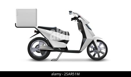 Roller für die Lieferung. Realistisches Motorrad. Seitenansicht eines weißen 3D-Fahrzeugs mit quadratischem Kasten für den Versand von Restaurantbestellungen. Isolierte schnelle Kuriermaschine (&R). Vorlage für Unternehmensidentität. Vektor-Motorrad. Roller für die Lieferung. Realistisches Motorrad. Seitenansicht eines 3D-Fahrzeugs mit quadratischem Kasten für den Versand von Restaurantbestellungen. Schneller Kurier&rsquo;s Moped. Vorlage für Unternehmensidentität. Vektor-Motorrad Stock Vektor