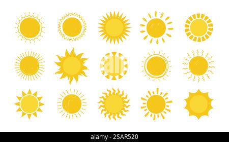 Doodle Sun. Handgezeichnete einfache grafische Kreis-Solarelemente-Kollektion, runde Sonnenscheinsymbole. Gelbe Silhouette für Design und Logo, Vektor-Sonnenwettersymbol isoliert auf weißem Hintergrund Set. Doodle Sun. Handgezeichnete einfache grafische Kreis-Solarelemente-Kollektion, runde Sonnenscheinsymbole. Gelbe Silhouette für Design und Logo, Vektor-Symbol für sonniges Wetter isoliertes Set Stock Vektor