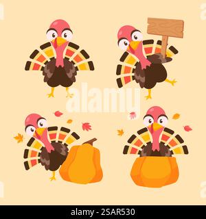 Frohe Thanksgiving-Zeichentrickfilm truthahn süß und Kürbis im Herbst Stock Vektor