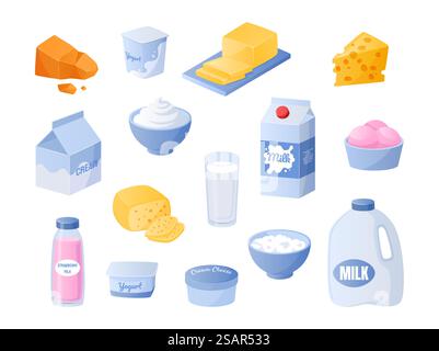 Milch. Cartoon-Milchprodukte. Joghurt- und Sahneflaschen. Käse- oder Butterstücke. Natürliche Milchmahlensammlung. Isolierte Quark-Schüssel. Lebensmittelverpackungen oder -Behälter. Vector leckere Bio-Zutaten-Set. Milch. Cartoon-Milchprodukte. Joghurt- und Sahneflaschen. Käse- oder Butterstücke. Milky Meal Kollektion. Isolierte Quark-Schüssel. Lebensmittelverpackungen oder -Behälter. Vector Organic Ingredients Set Stock Vektor