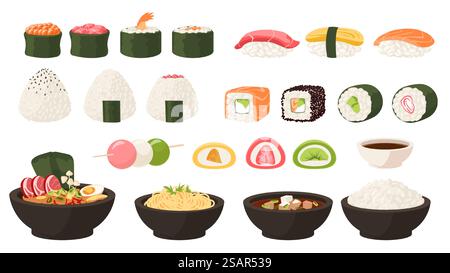 Japanisches Essen. Asiatische Küche. Cartoon Sushi und Brötchen. Oden-Suppe oder Okonomiyaki. Traditionelle Süßigkeiten. Leckere Mochi und Danco. Isolierte Schüsseln mit leckeren Nudeln Tempura. Vector orientalische Menü-Set. Japanisches Essen. Asiatische Küche. Cartoon Sushi und Brötchen. Oden-Suppe oder Okonomiyaki. Traditionelle Süßigkeiten. Leckere Mochi und Danco. Schüsseln mit leckeren Nudeln Tempura. Vektor-orientalische Mahlzeit-Set Stock Vektor