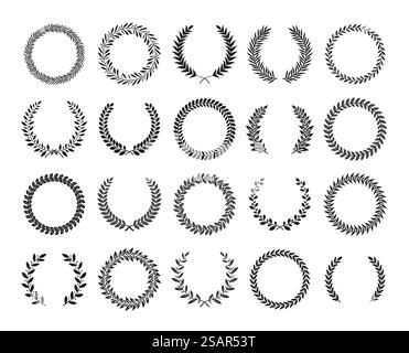 Kranzkreis. Schwarzes Lorbeerwappen mit Zweigen und Blättern. Frieden und kreisförmiges Blumensymbol. Dekorative Heraldik-Kollektion mit runden Schildern. Isoliertes, luxuriöses Triumph-Logo. Vektorsymbole festgelegt. Kranzkreis. Schwarzes Lorbeerwappen mit Zweigen und Blättern. Frieden und kreisförmiges Blumensymbol. Dekorative Heraldik-Kollektion mit Pflanzenschildern. Isoliertes Triumphabzeichen. Vektorsymbole festgelegt Stock Vektor