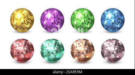 Discokugeln. Nachtclub-Glitzer-Discoballs. Isolierte, glänzende Ausrüstung für Tanzpartys. Leuchtende Kugel aus quadratischen und dreieckigen Stücken von bunten Spiegeln. Flimmernde Kreise reflektieren Licht, Vektorsatz. Discokugeln. Nachtclub-Glitzer-Discoballs. Glänzende Ausrüstung für Tanzpartys. Kugel aus quadratischen und dreieckigen Stücken von bunten Spiegeln. Flimmernde Kreise reflektieren Licht, Vektorsatz Stock Vektor