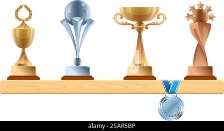 Trophäen und Preise auf Holzregal. Ehrenpreise isoliert auf weißem Hintergrund. Trophäen und Preise auf Holzregal. Auszeichnungen auszeichnen Stock Vektor