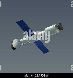 Space Automatic Satellit. Realistische 3D-internationale Orbitalstationsdriftungen im Kosmos. Weiß verbundene Module und Flügel von Solarpaneelen. Vektororbiter für kosmische Erkundungen, die um die Erde fliegen. Space Automatic Satellit. Realistische 3D-internationale Orbitalstationsdriftungen im Kosmos. Angeschlossene Module und Solarpaneele. Vektororbiter für kosmische Erkundungen, die um die Erde fliegen Stock Vektor