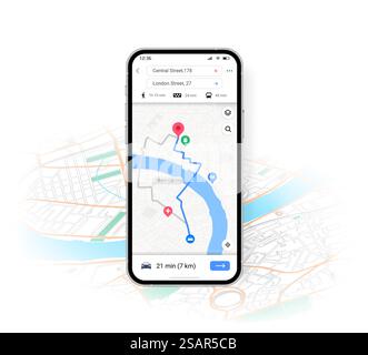 Benutzeroberfläche der Telefonzuordnung. Mobile Anwendung mit Transportort und Routenrichtung. Realistisches Smartphone-Navigationsinterface-Modell der GPS-App für Pfadplanung und Wegverfolgung. Vector City Travel Scheme. Benutzeroberfläche der Telefonzuordnung. Mobile Anwendung mit Transportort und Routenrichtung. Smartphone-Navigationsschnittstelle der GPS-App für Pfadplanung und Wegverfolgung. Vector City Travel Scheme Stock Vektor