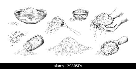 Meersalzskizze. Handgezeichnete Würze in Holzschalen oder Glassalzkeller. Löffel und Löffel voller Natriumkristalle. Schwarz-weiße, salzige Gewürzhaufen. Vektor-Kochzutat für die Lebensmittelkonservierung. Meersalzskizze. Handgezeichnete Würze in Holzschalen oder Glassalzkeller. Löffel und Löffel voller Kristalle. Schwarz-weiße salzige Gewürze. Vektor-Kochzutat für die Lebensmittelkonservierung Stock Vektor