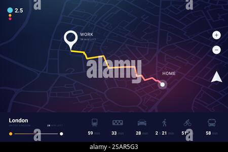 GPS-Spur. Stadtplan-Anwendung mit Navigations-UI. Verfolgung von Pfad- und Routenplanung von Zuhause bis Büro. Standortbestimmung nach dem Plan von London. Vektor-Dashboard-Schnittstellenvorlage mit Schaltflächen. GPS-Spur. Stadtplan-Anwendung mit Navigations-UI. Verfolgung von Pfad und Route von zu Hause zum Büro. Standortbestimmung nach dem Plan von London. Vektor-Dashboard-Schnittstelle mit Schaltflächen Stock Vektor
